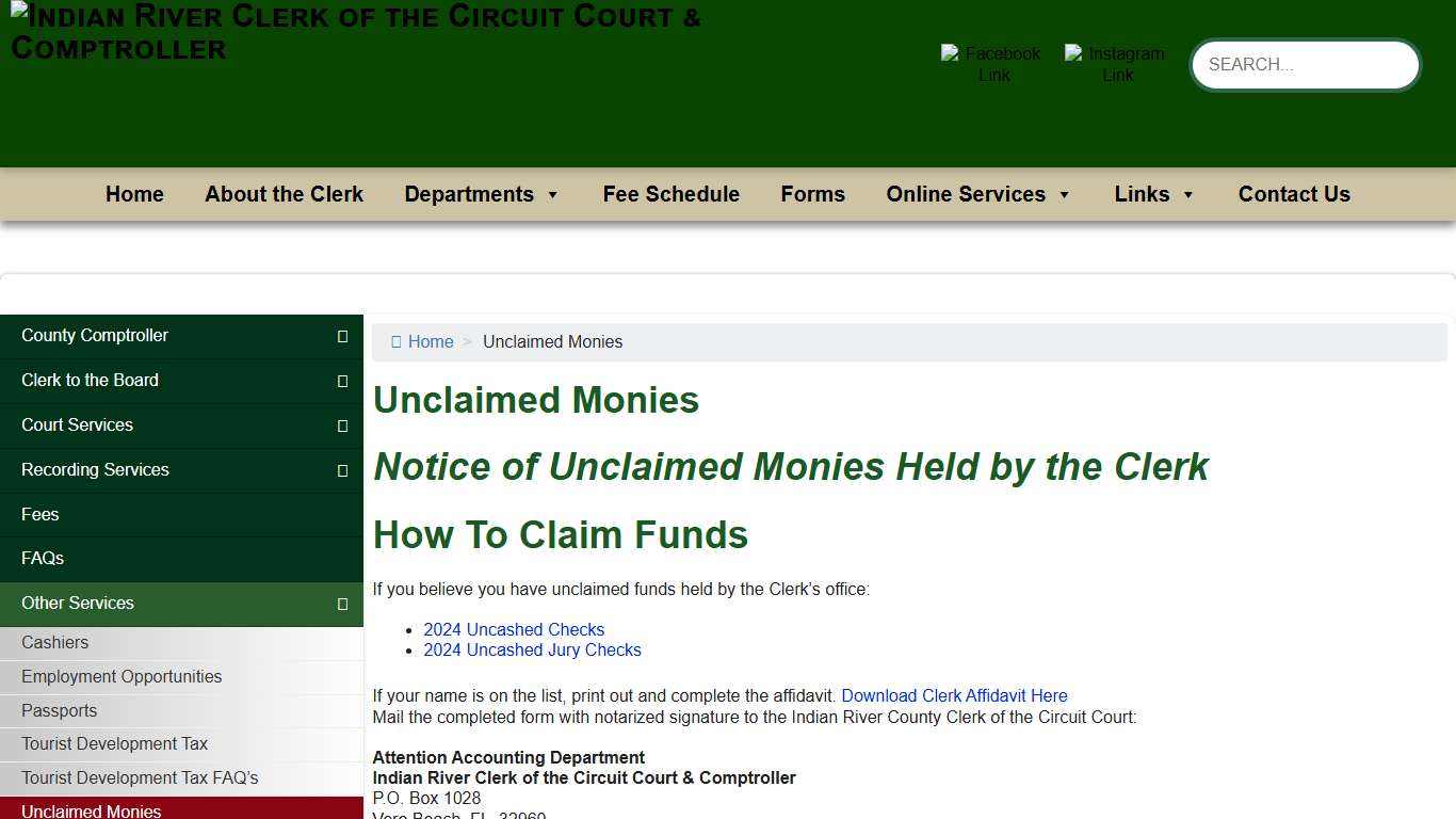 Unclaimed Monies – Indian River Clerk of the Circuit Court & Comptroller